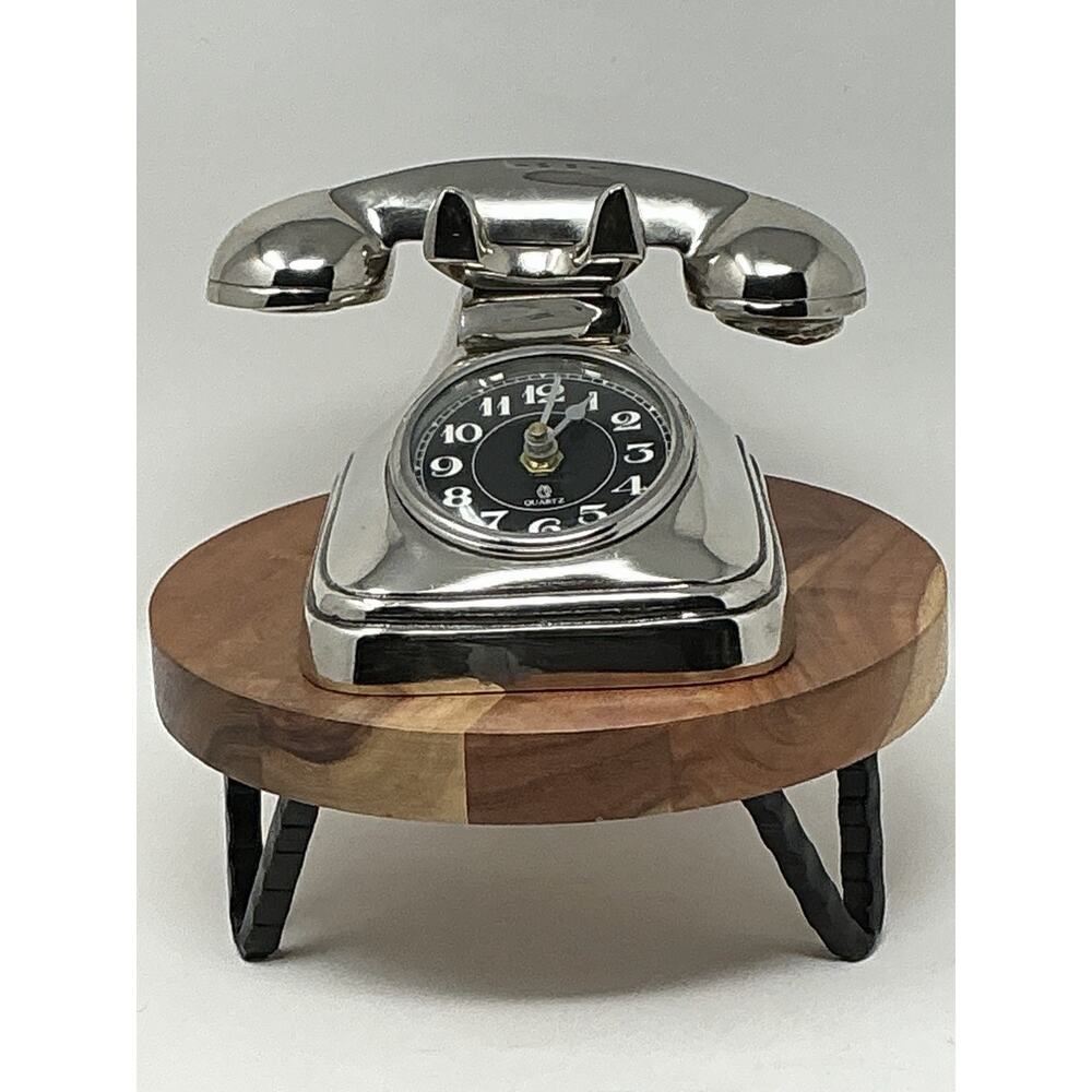 MCM Style Aluminum Retro Rotary Style Desk Phone Quartz Clock